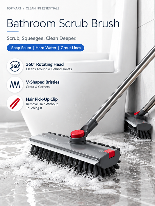 Floor Scrub Brush with Long Handle, Rotating Head, Built-In Squeegee