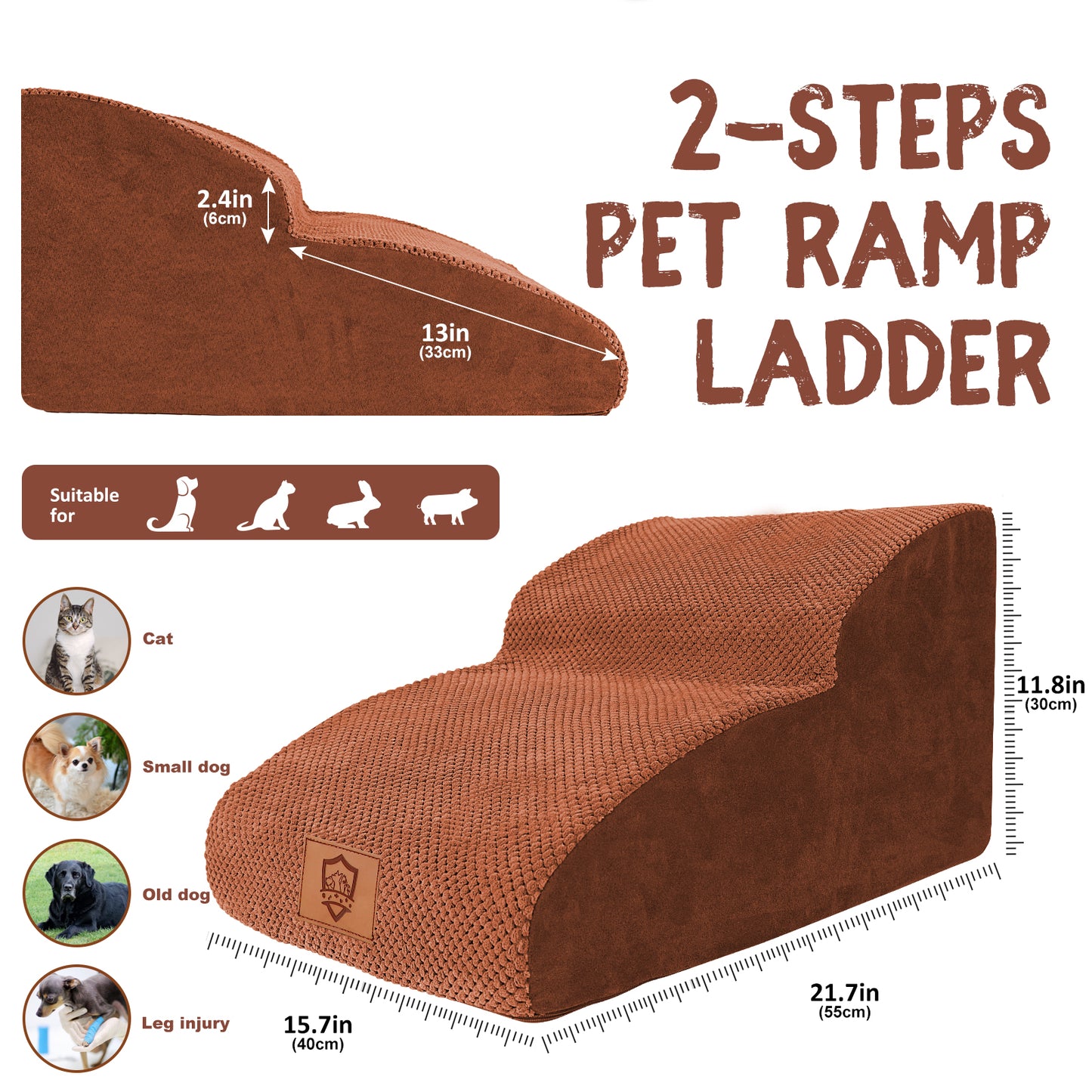 2-Layer Sloped Sponge Dog Stairs, 45° Golden Design, Suitable for Small Dogs Weighing Less 50lb and Elderly Injured Dogs