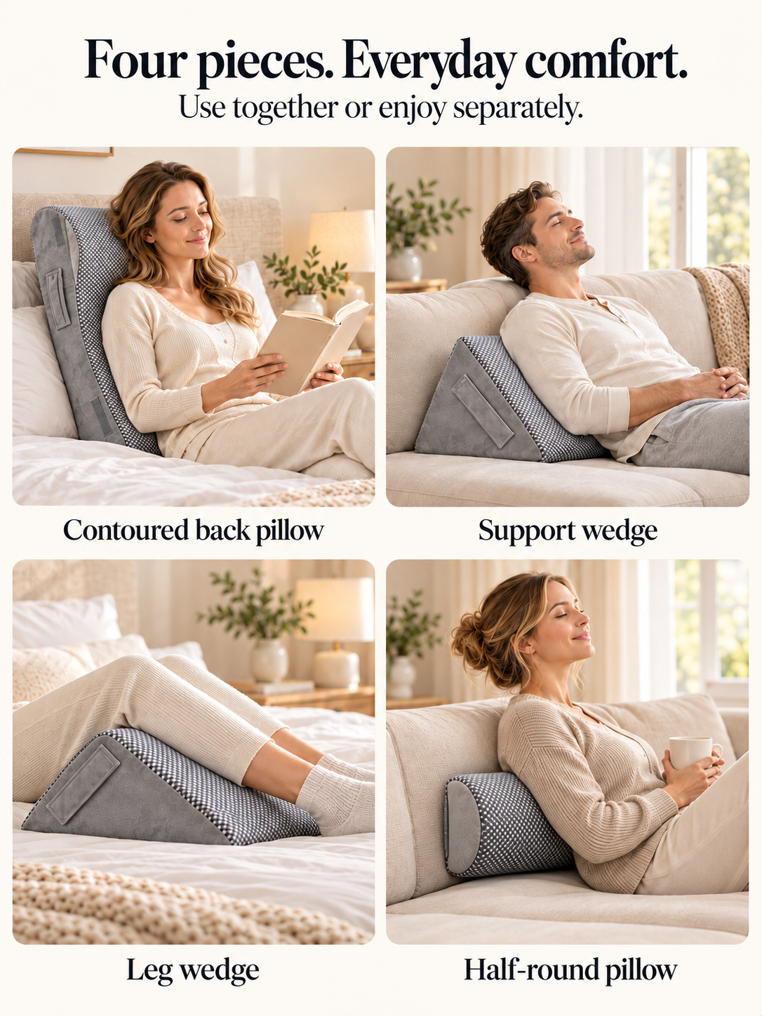 4-Pcs Modular Wedge Pillow Set for Reading & Lounging