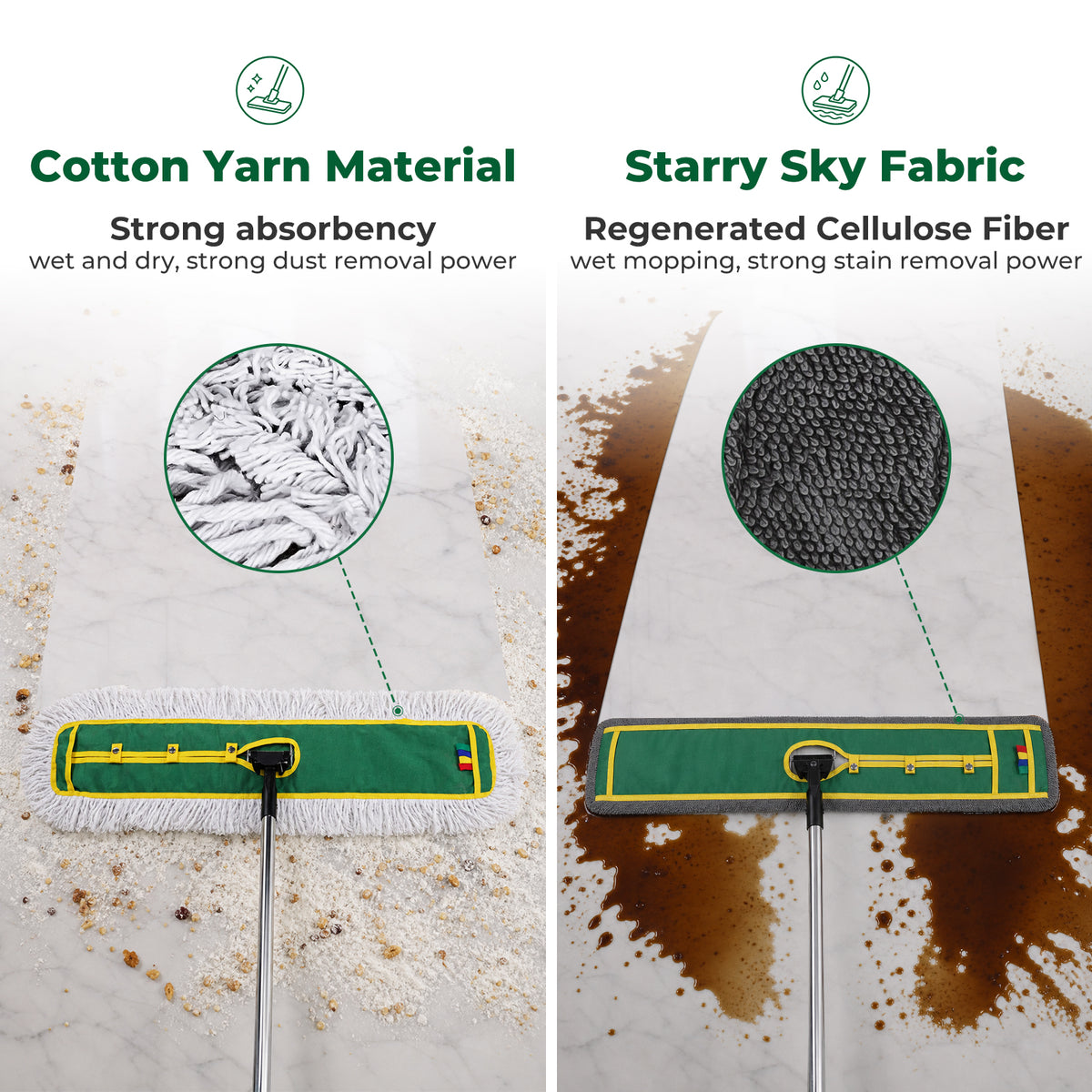 41" Commercial Dust Mop, Sweeping Mop for Floor Cleaning, with 2 Mop Pads Long Handle Mop for Hardwood Floors Marble, Laminated Board, Ceramic Tiles, Concrete, Garage, Hotel, Gym, office，Green