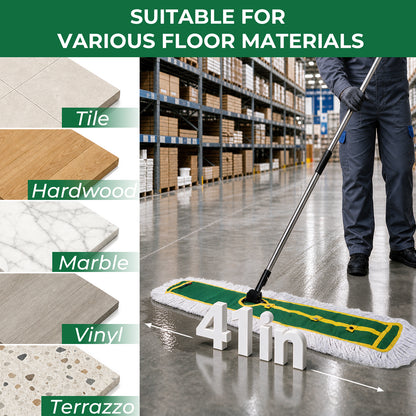 41" Commercial Dust Mop, Sweeping Mop for Floor Cleaning, with 2 Mop Pads Long Handle Mop for Hardwood Floors Marble, Laminated Board, Ceramic Tiles, Concrete, Garage, Hotel, Gym, office，Green
