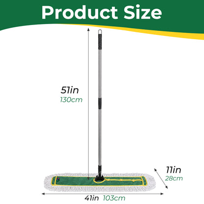 41" Commercial Dust Mop, Sweeping Mop for Floor Cleaning, with 2 Mop Pads Long Handle Mop for Hardwood Floors Marble, Laminated Board, Ceramic Tiles, Concrete, Garage, Hotel, Gym, office，Green