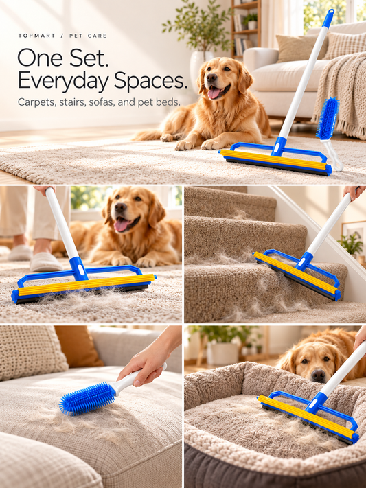 2-Piece Pet Hair Remover Set – Double-Sided Carpet Rake & Silicone Brush